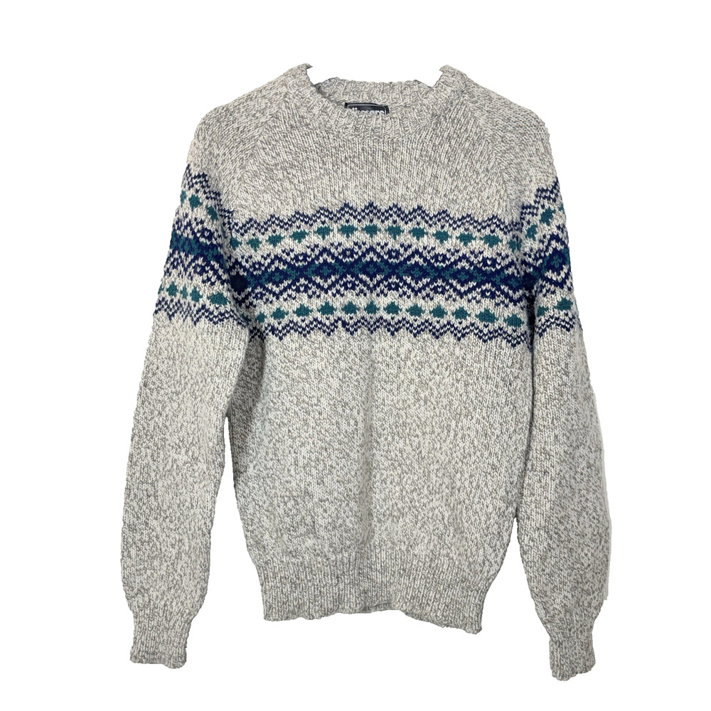Vintage Fair Isle Sweater 80s Chunky Wool Blend Gray Blue Green Medium Women
